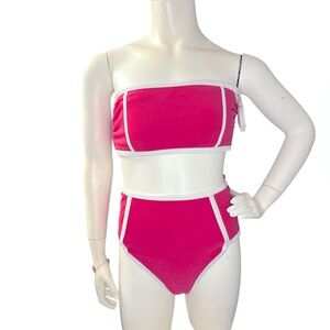 Kona Sol Vibrant Two Piece Pink White High-Waisted Retro Terry Cloth Bikini NWT